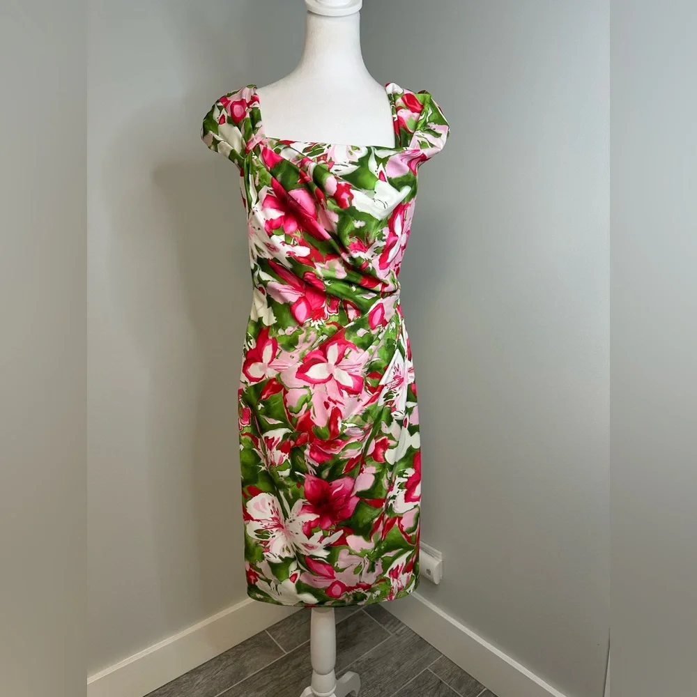 Tadashi Shoji  Floral Summer  Party Cocktail Tropical Midi Dress Size Medium - Picture 3 of 15